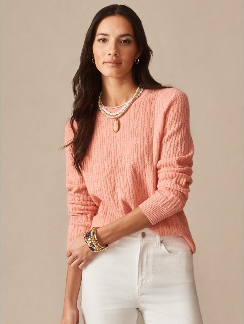 J.McLaughlin 100% Cashmere Pink Cable Knit Crewneck Sweater Size M Medium